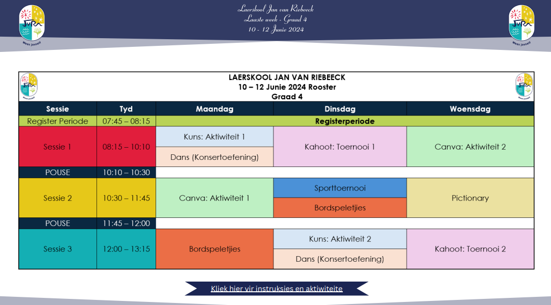 Graad 4-7-aktiwiteitrooster: 10 – 12 Junie 2024