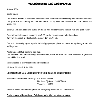 Vakansiesorg: 12 Desember 2024 – 14 Januarie 2025